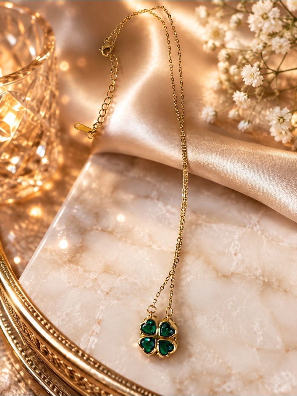 Gold Plated Stainless Steel Necklace with Green Clover Pendant